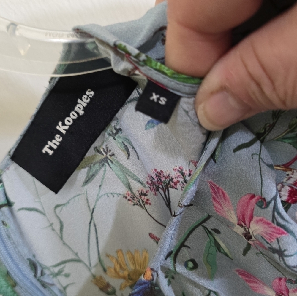 The Kooples Silk Folkloric Print Midi Dress XS Light Blue Floral Pleated Skirt - Picture 12 of 12